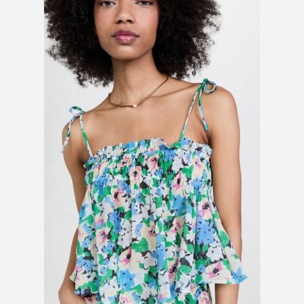 GANNI Light Cotton Top Floral Azure Blue